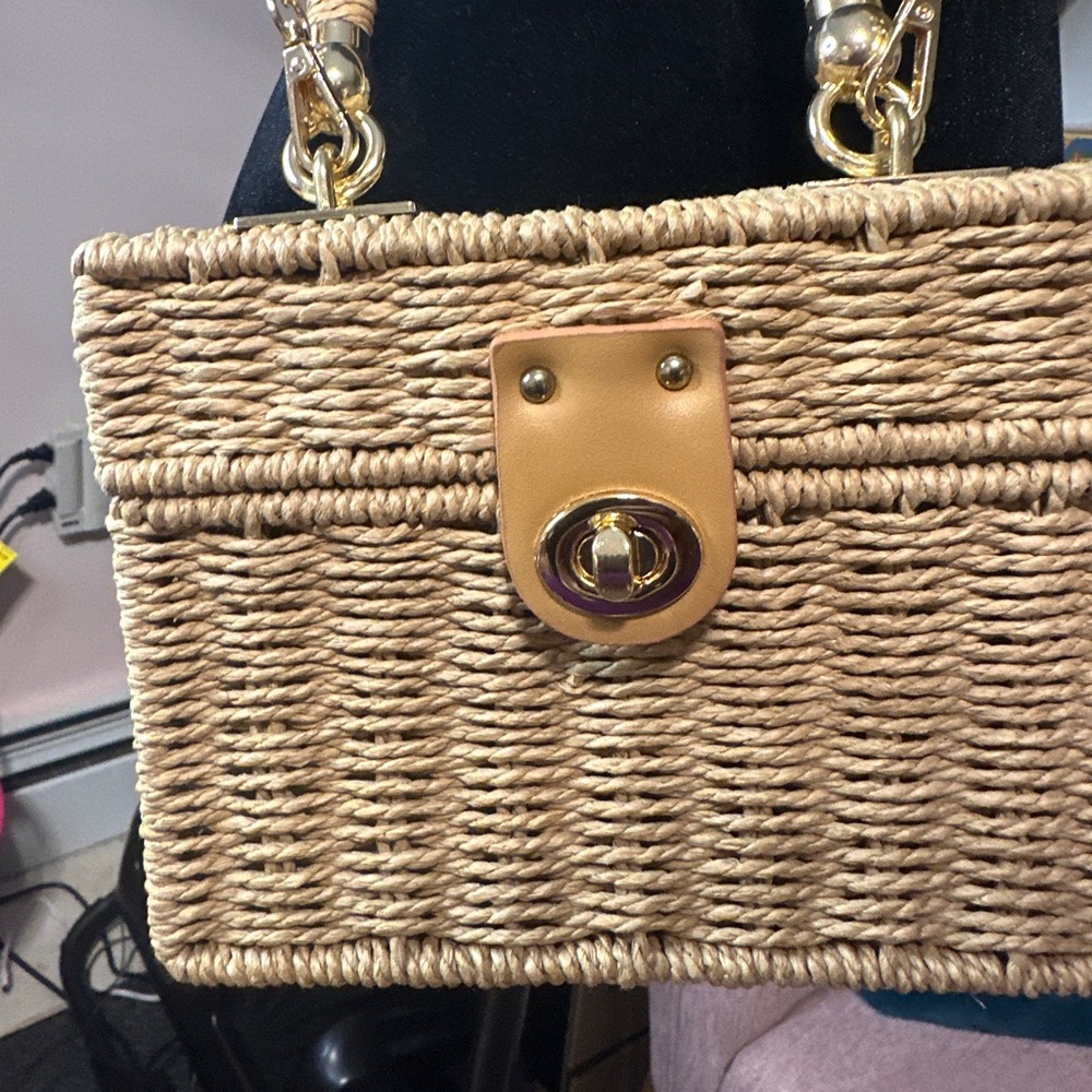 Woven Tan Handbag with Gold Accents